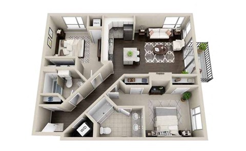 Floor plan for 2 beds, 2 baths, 975 sqft